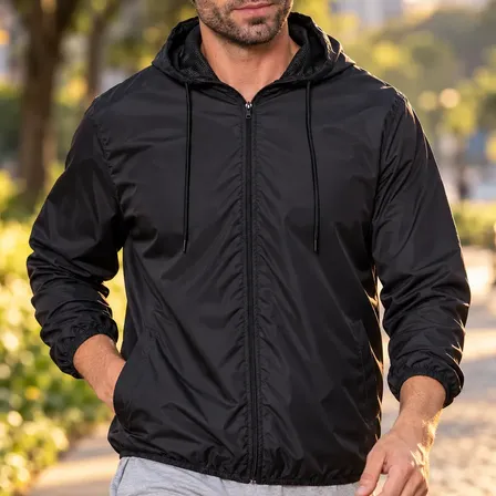 Jaqueta Corta Vento Masculina Impermeável Capuz Zíper Bolso Preto Gg Liso