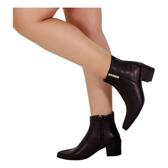 Bota Bico Fino Salto Médio Cano Curto Detalhe Lateral Moda