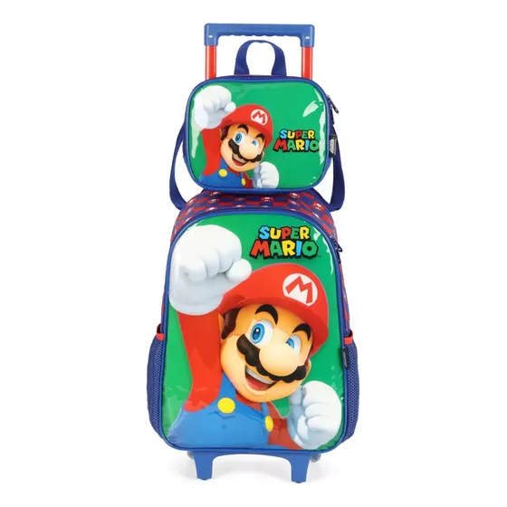 Kit Mochila De Rodinhas E Lancheira Infantil Escolar Super Mario Cor Azul E Vermelho Luxcel