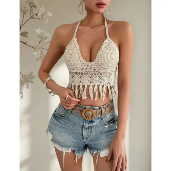 Crop Top Tejido Tipo Crochet Cuello Halter Playa Verano