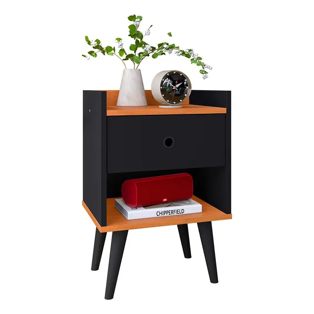 Mesita de noche retro Decora, 1 cajón, 5 colores, muebles Rpm, color negro/canela | negro