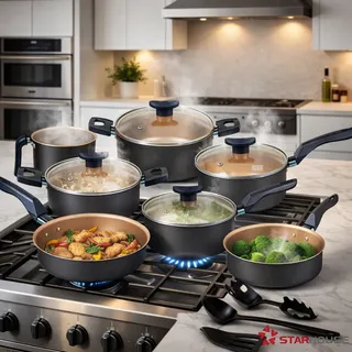 Conjunto Panelas Antiaderente C/10 Peças Teflon Com Tampa De Vidro Starhouse Preta Com Bege