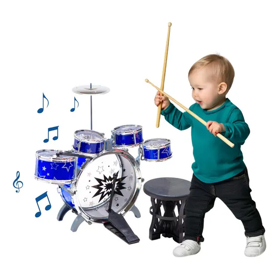 Mini bateria infantil instrumento brinquedo com 5 tambores Atentu cor azul