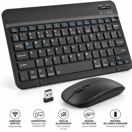 Kit Teclado Mouse Sem Fio Bluetooth Para Tablet Notebook Celular PC Computador Smartphone Portátil Home Office Trabalho Estudo Escritório Digitação Wireless