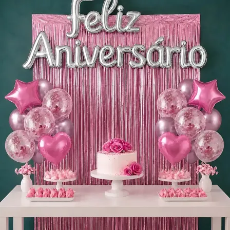Kit Balão Feliz Aniversário Com 26 Peças Decoração Festa Cortina Letras Bexigas Rosa Claro