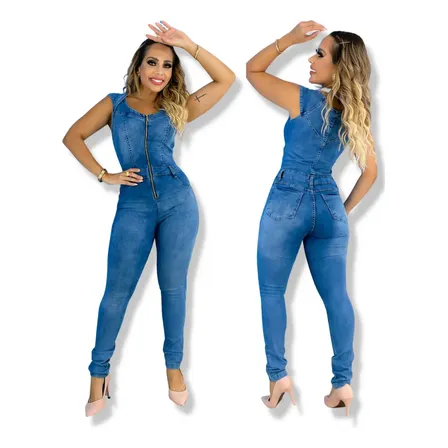 Macacão Longo Feminino Jeans Com Lycra Skinny Lav Clara