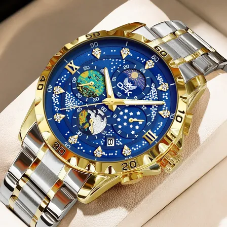 Opk Relógio Masculino Original Aço Quartzo Luminoso 8175 Prateado Dourado Azul