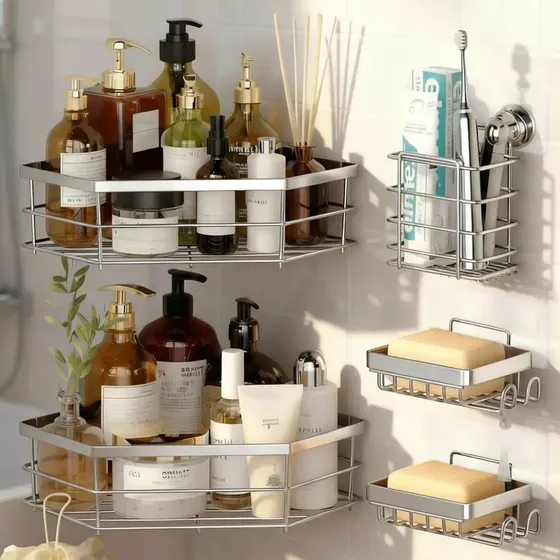 Set X5 Estante Organizador Esquinero Ducha Baño jabonera accesorios Con Adhesivo IMBACK Color Plateado | Cuotas sin interés