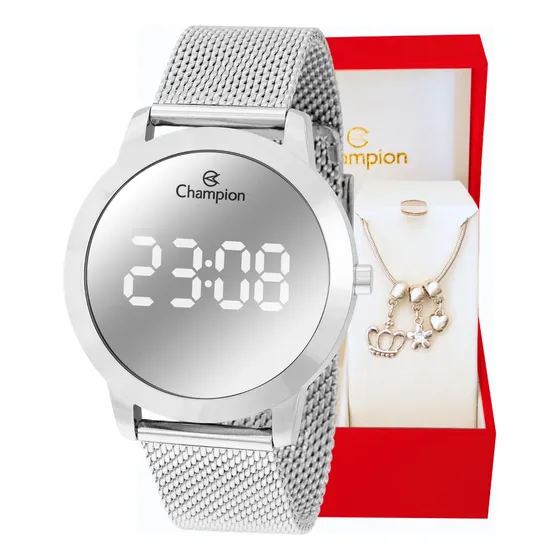 Combo Relógio Feminino Champion Espelhado Prata + Pulseira 