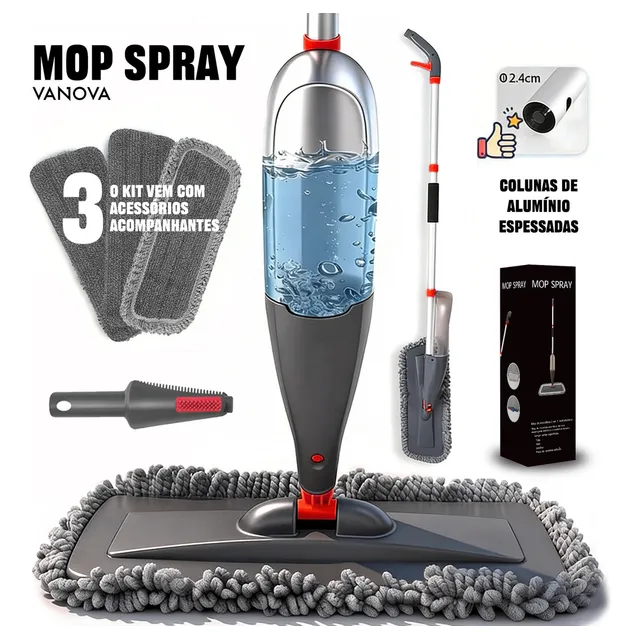 Mop Spray 360 Vanova 800ml Vassoura Mop Mágica Com 3 Refis Microfibra Cabeça Giratória Sem Balde Para Pisos Laminado Porcelanato Vinílico E Madeira Selada