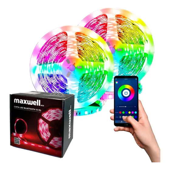 Tira Cinta Luces Led Rgb Bluetooth Maxwell 15 Metros Total y conector