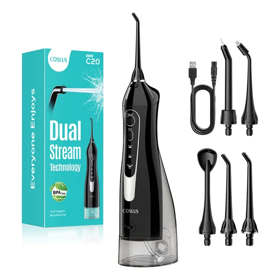 COSLUS Irrigador Bucal Inalámbrico Negro con 5 Boquillas y Tanque de Agua de 300 mL