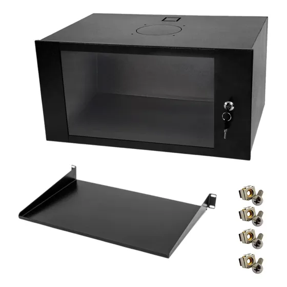 Mini Rack 6u X 350mm Com Bandeja E Kit Porca Gaiola Cor Preto