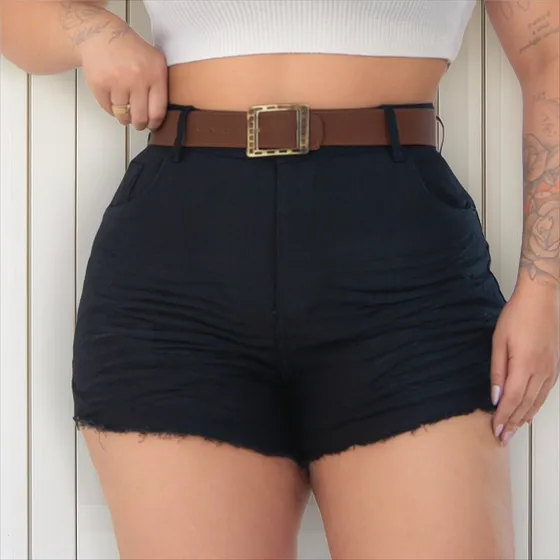 Short Preto Jeans Plus Size C/ Laycra + Cinto Exclusivo