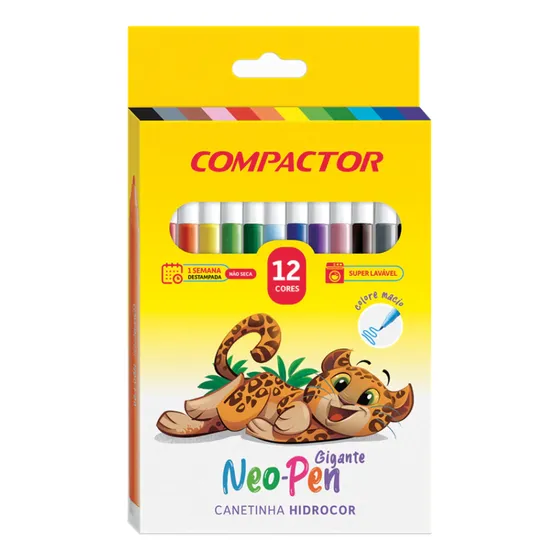 Canetinha Hidrografica Escolar Gigante 12 Cores Compactor