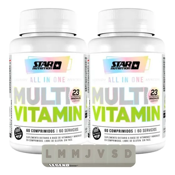 Multivitamin All In One Star Nutrition X2 60 Cápsulas Sin Sabor + Pastillero Legend Complejo De Vitaminas Y Minerales Para Energía, Inmunidad Y Bienestar General