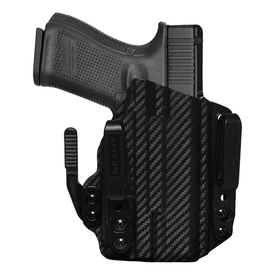 Coldre Sabre Kydex Glock G19 G25 Lanterna Olight Baldr Mini Cor Preto Fibra De Carbono Orientação Da Mão Destro