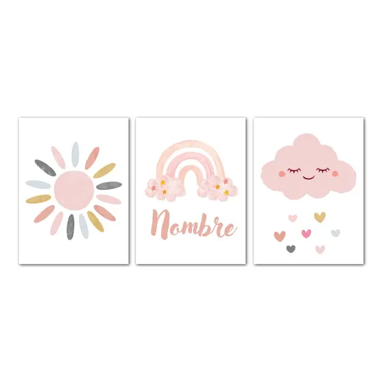 Set 3 Cuadros Arcoiris Con Nombre Personalizado Cuarto Bebe