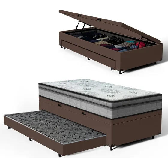 Bicama Solteiro Box Baú + Colchão D33 Anjos Ortosleep + Aux