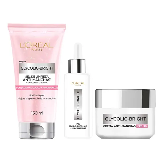 Pack L'oréal Paris Glycolic Crema Día + Serum + Gel De Limpi Todo Tipo De Piel Día