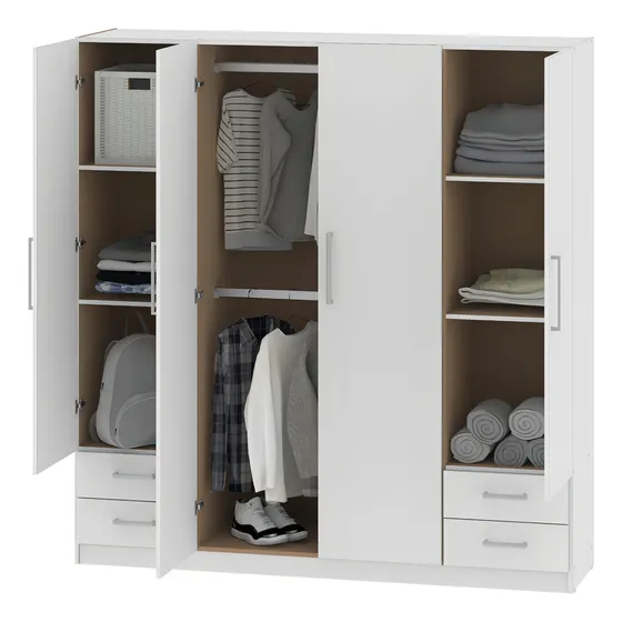 Placard Ropero Mueble Dormitorio Cuarto 4 Puertas 180 x 180 Cm 6 Estantes 4 Cajones Guarda Ropa Perchero Color Blanco Melamina