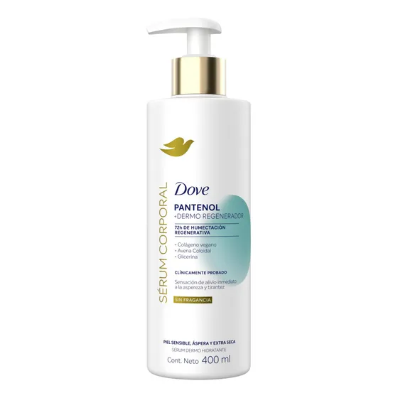 DOVE Sérum Corporal Pantenol + Dermo Regenerador, para piel sensible, áspera y extra seca, alivia y restaura la humectación natural de la piel 400 ml