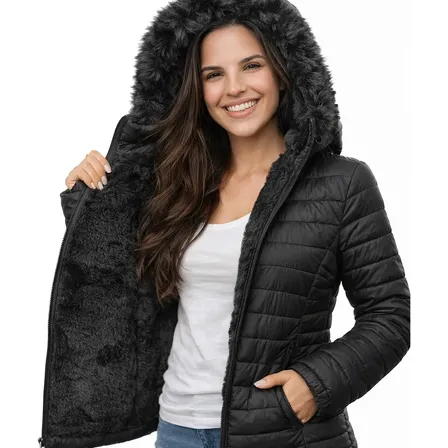 Jaqueta Blusa Feminina Puffer Forrada Bobojaco Inverno Capuz Preto G (40/42) Lisa
