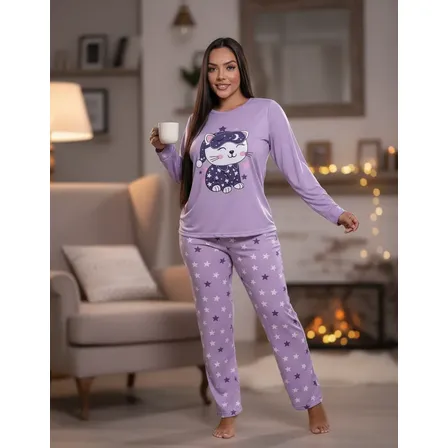 Pijama Feminino Inverno Malha Adulto Manga Comprida Estampa Gatinha Lilás M-36