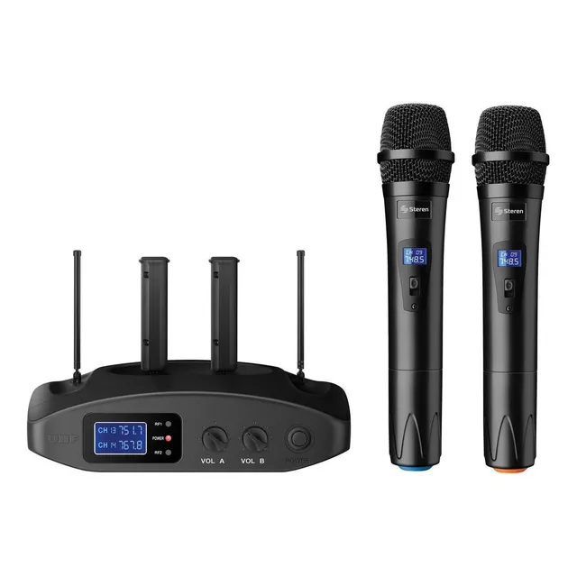 Sistema Profesional De 2 Micrófonos Inalámbricos Steren WR-810 Negro