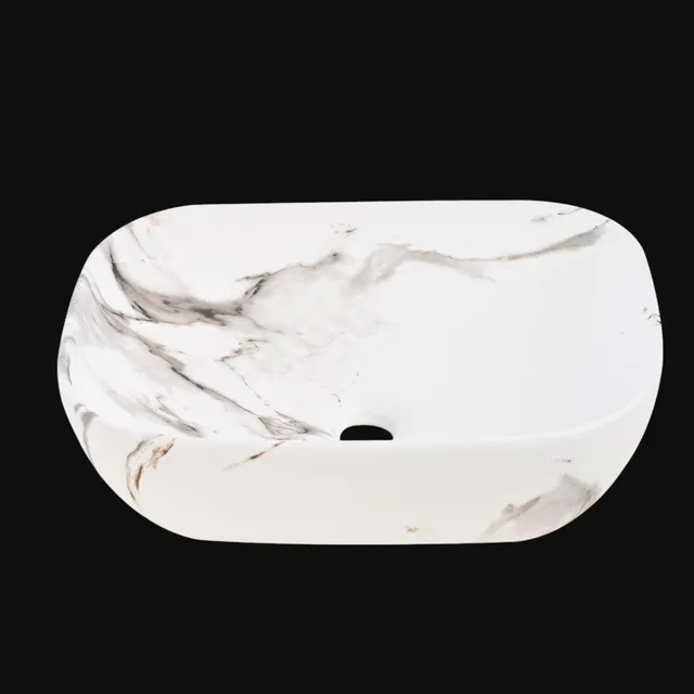 Goral Lavabo Ovalin Ceramica Blanco Con Negro Para Baño Marmol Rectangular Cuadrado De Sobreponer Acabado Alto Brillo Economico Pequeños Medianos Modernos Lavadero Para Casa Casas Elegante marmolado
