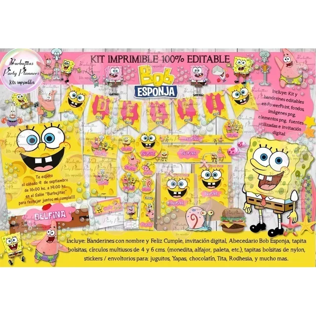 Kit Imprimible Candy Bar Bob Esponja Rosa 100% Editable
