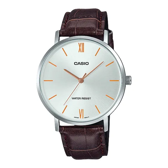Reloj pulsera Casio MTP-VT01L-7B2 con correa de cuero color marrón - fondo plateado