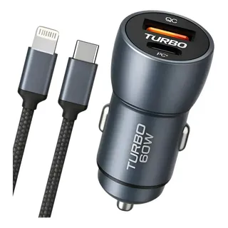 Carregador Veicular Turbo 60w Strimtech Usb-a Usb-c Com Cabo Trançado 1m Carregamento Rápido Qc3.0 Pd Para iPhone 11 12 13 14 iPad Automotivo Preto