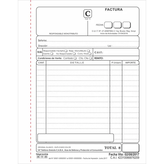1 Talonario Facturas De Monotributo A B C R + Constancia Cai
