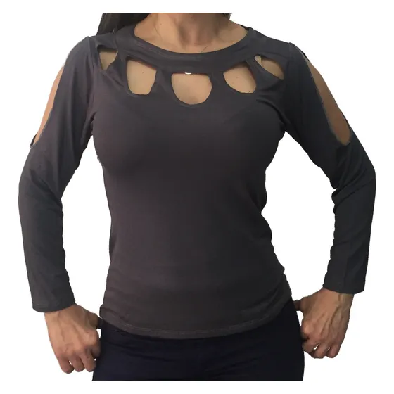 Blusa De Huecos En Cuello Y Mangas, Casual, Stretch, Qantik