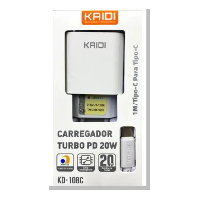 Carregador Turbo Tipo C 20w Kaidi Kd-108c Cabo Usb-c Rapido