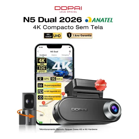 Câmera Veicular Com Suporte A Monitoramento Remoto Em Tempo Real Ddpai N5 Dual 2026 Frontal E Traseira 4k Hdr +1080p Integrada Com 32g Emmc Câmera De Carro Wifi 5g Gps G-sensor Visão Noturna