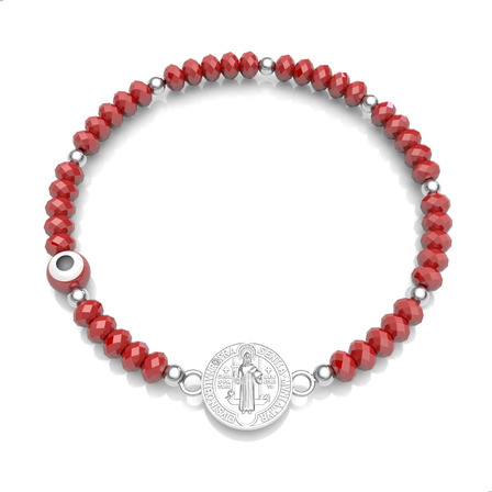Pulsera Cristal Roja Ojo Y San Benito Plata .925 Agálea Largo 18 Cm Pulsera Cristal Roja Ojo Y San Benito Plata .925 Agálea Largo 18 Cm