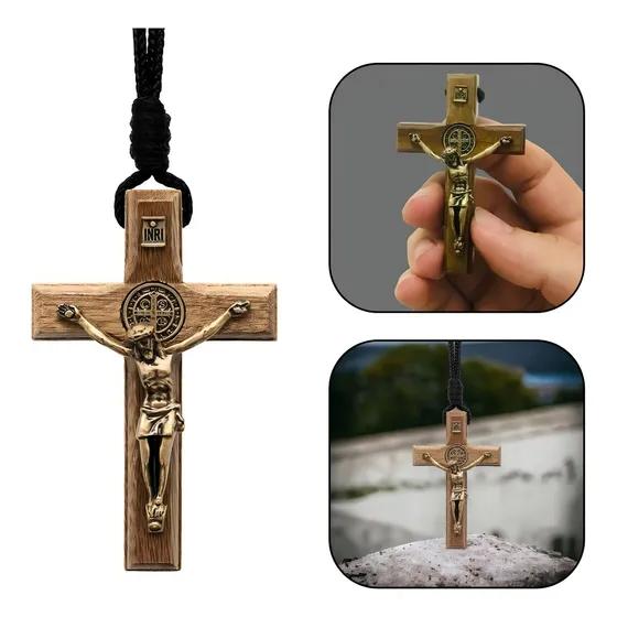 Colar Cruz Coroinha São Bento Ouro Velho 7 Cm Cor Marrom