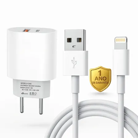 Carregador Turbo 40w Para iPhone 6 7 8 X Xr 11 12 13 14 Pro Max Fonte Usb E Tipo-c Branco