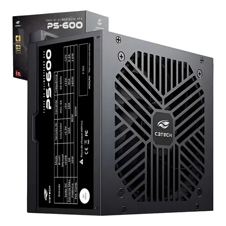 Fonte Atx 600w Ps-600bk 80 Plus Bivolt Silenciosa Proteção C3tech Preto