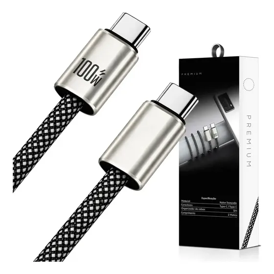 Cabo Usb Tipo C Turbo Compatível Com Iphone Apple Samsung Android Xiaomi Mi Motorola Playstation Ps5 USBC 100W Longo Carregador 2 Metros Dados Celular Controle Turbo Duas Pontas Duplo Rápido Nylon