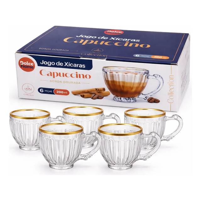 Jogo De 6 Xícaras Capuccino 200ml Borda Dourada Linha Mesa Cristal Borda Dourada