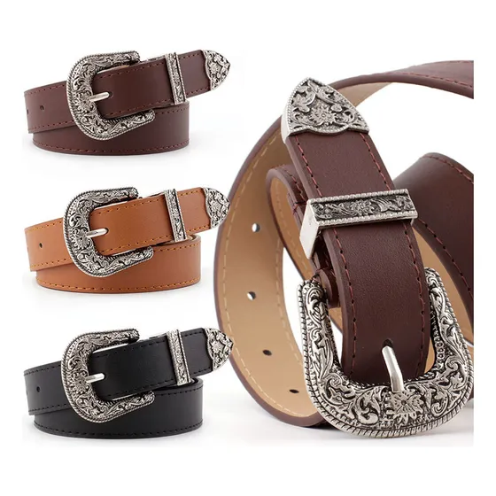 Pack 3 Haimo Cinturon de Cuero Hebilla Vaquera Vintage Occidental Elegante Mujer Talle M Colores Negro Caqui y Blanco