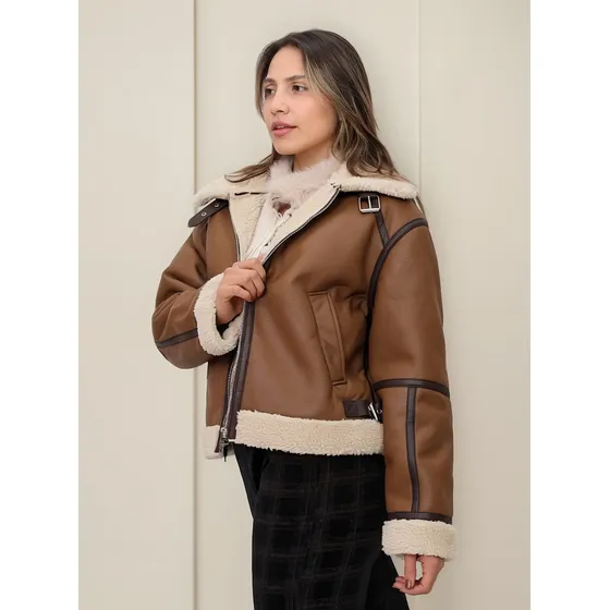 Casaca Casual De Cuero Mujer Color Camel
