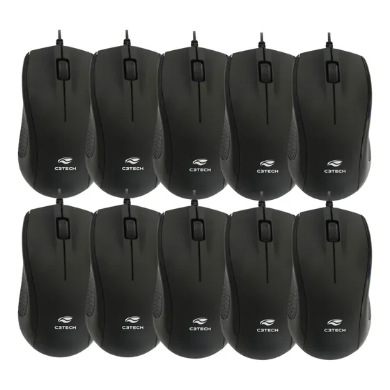 Kit 10 Mouse Optico Usb Ms26bk Preto C3tech Fio Mais Extenso