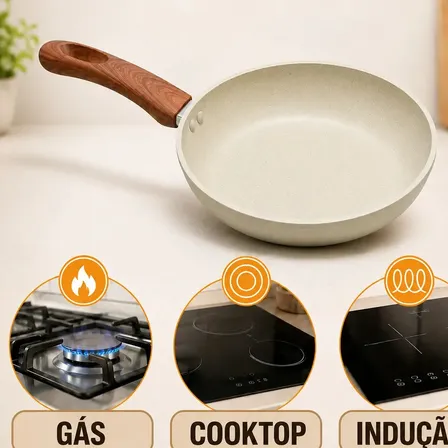Frigideira Cerâmica Antiaderente Fogão Cooktop Indução Gás Premium Sem Tampa Frita Sem Óleo Não Gruda 2,4 Litros 24 Cm Bege Mundilar