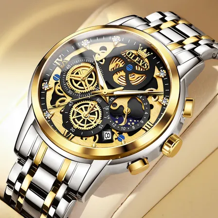Olevs Relógio Masculino Original Quartzo Dourado Aço 9947 Prateado Dourado Preto