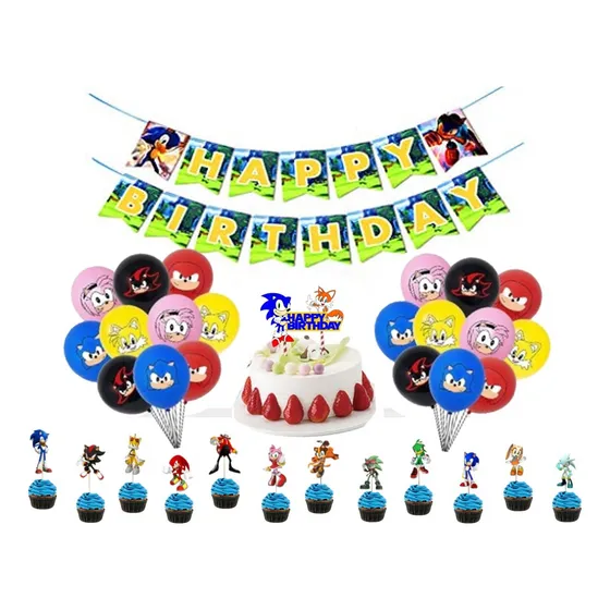 Decoración Cumpleaños Sonic Globos Banderin Topper Torta