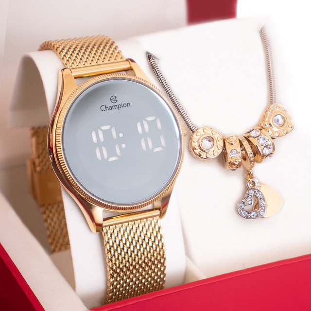 Relógio Feminino Champion Digital Espelhado Luxo + Pulseira Correia Dourado Bisel Dourado Relógio Feminino Champion Digital Espelhado Luxo + Pulseira Correia Dourado Bisel Dourado